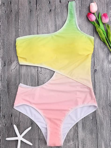 [6 Off] One Shoulder Ombre Cut Out Swimsuit Rosegal