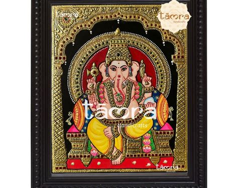 Ganesha Tanjore Painting With Teak Wood Frame 22K Gold Foil Indian