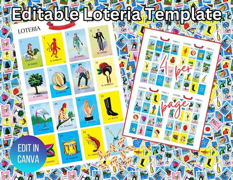 Editable Printable Mexican Loteria Game Template Download 4 Cards Per