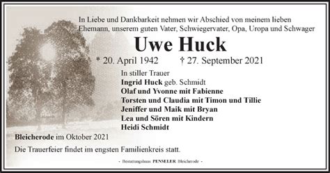 traueranzeigen von uwe huck trauer  thueringende