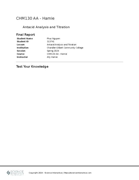 Chm Aa Antacid Analysis And Titration Student Name Phuc