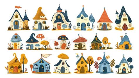 Set Of Cozy Magic Gnome Houses Simple Vector Illustrations On A White