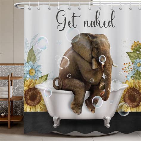 Funny Get Naked Shower Curtaincute Elephant And Sunflowers Etsy