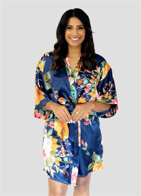 Shop Online Navy Blue Floral Satin Robe For Bride And Bridesmaids