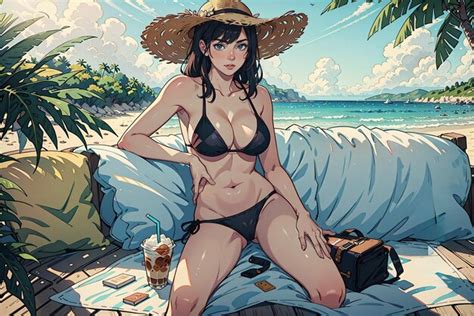 Premium AI Image A Woman Wearing A Bikini And Sun Hat Lounging On A Beach Towel With A Good