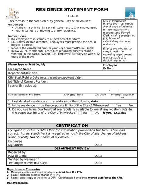 Residence Statement City Of Milwaukee City Milwaukee Doc Template Pdffiller