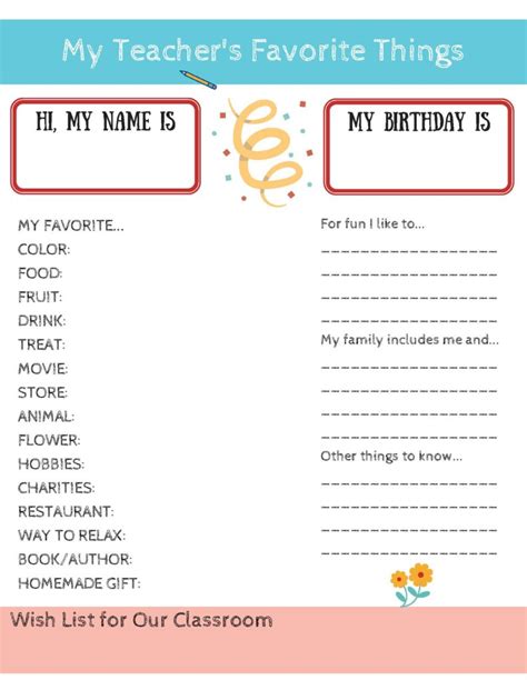 My Teachers Favorite Things Free Printable