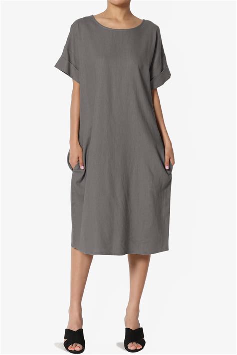 Themogan Drop Shoulder Short Sleeve Linen Pocket Oversized Shift Midi Dress Ebay