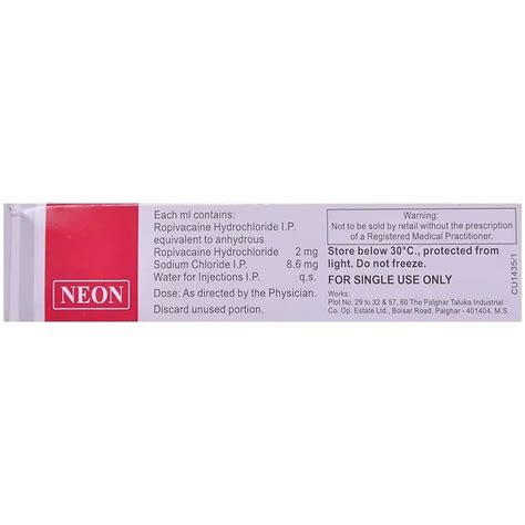 Neon Liquid Ropivacaine (Ropin 0.2 % Injection), For Hospital ...