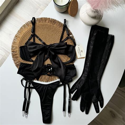 Seductive Black Bow Lingerie Bundle Bra Thong Garter Belt Choker And Gloves Perfect Gift For