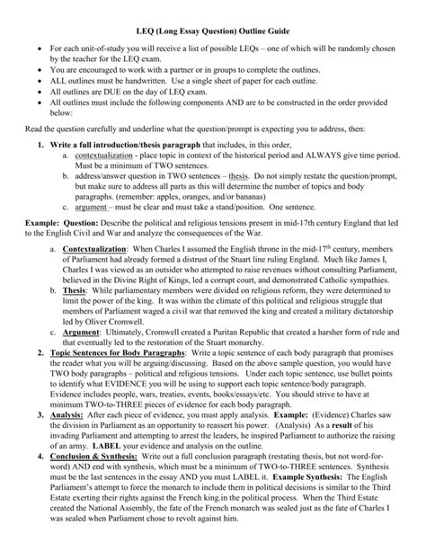 LEQ Long Essay Question Outline Guide For Each Unit Of