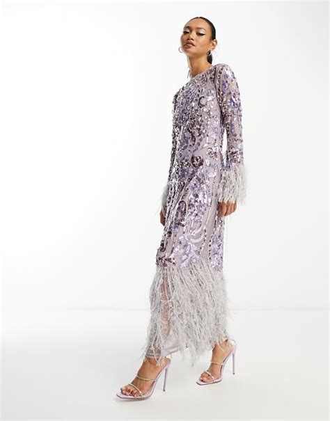 Asos Edition Sequin And Faux Feather Fringe Midi Dress In Lilac Asos