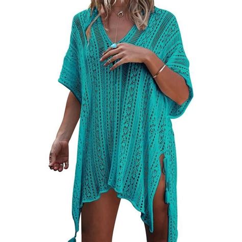 Robe de Plage Femme Mini Robe Grande Taille Tunique Pull Col V Kimono Bohême Mode Bikini Cover