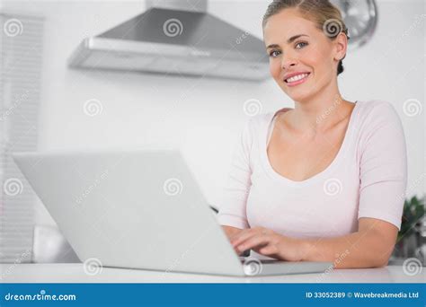 Cheerful Woman With Laptop Stock Image Image Of Portrait 33052389