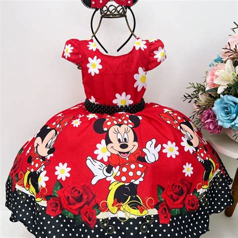 Vestido Minnie Vermelho Margaridas Infantil Festa Temático Elo7