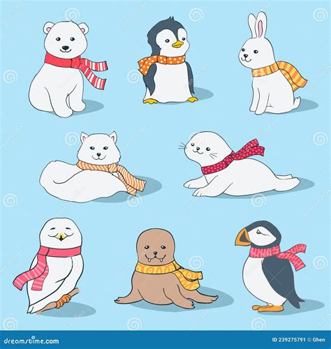 Set Of Cartoon Polar Animals With Scarfs Illustration Arctic Fox