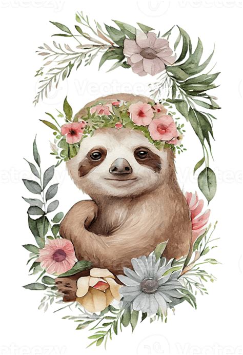 Watercolor Cute Hand Drawn Sloth Sloth In Floral Wreath Flowers