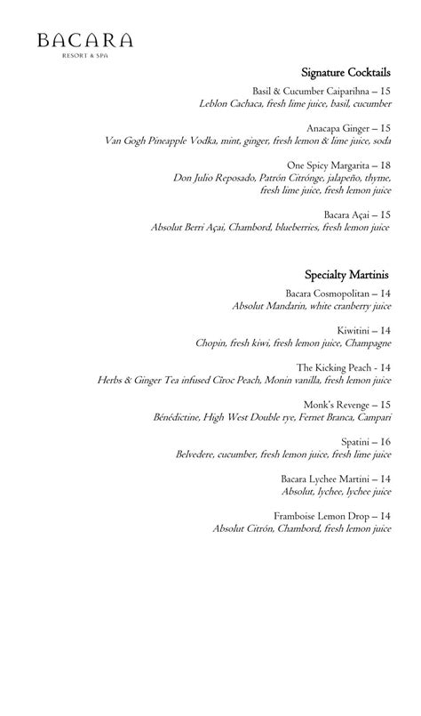 Bacara Bar Menu - Bacara Resort & Spa