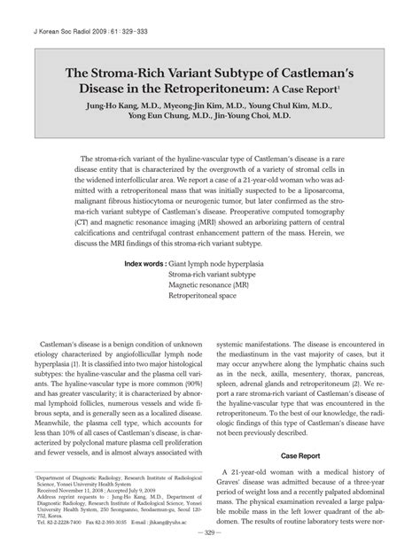 Pdf The Stroma Rich Variant Subtype Of Castleman S Disease In The Retroperitoneum A Case Report