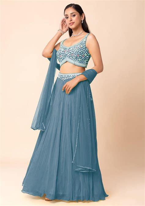 Buy Women Steel Blue Lehenga Set With Abstract Hand Embroidered Blouse