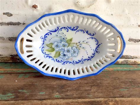 Vintage Hand Painted Blue Floral Trinket Dish Blue And White Etsy