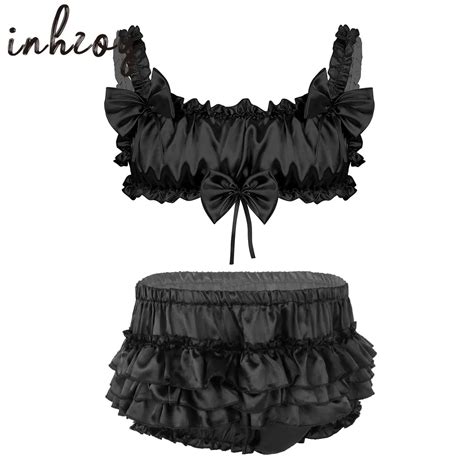 Lingerie dos homens conjunto sissy cetim sutiã calcinha babados