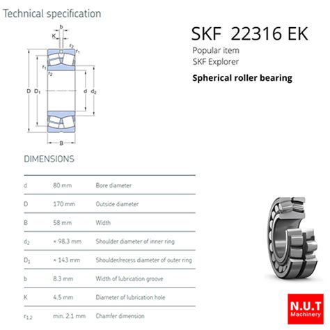 SKF 22316 EK ตลับลูกปืนเม็ดโค้ง 2แถว รูเฉียง - NUT Machinery