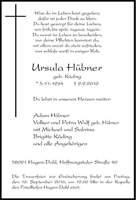 Traueranzeigen von Ursula Hübner Trauer in NRW de