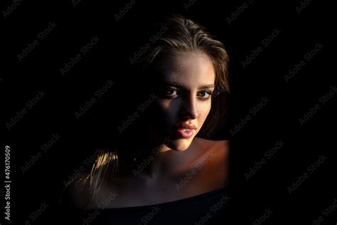 Beautiful Young Woman Portrait On Black Sensual Face Of Elegant Female