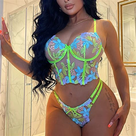 Women Embroidery Sexy Lingerie Plunge Hot Erotic Women Print Sheer Underwear Piece Set