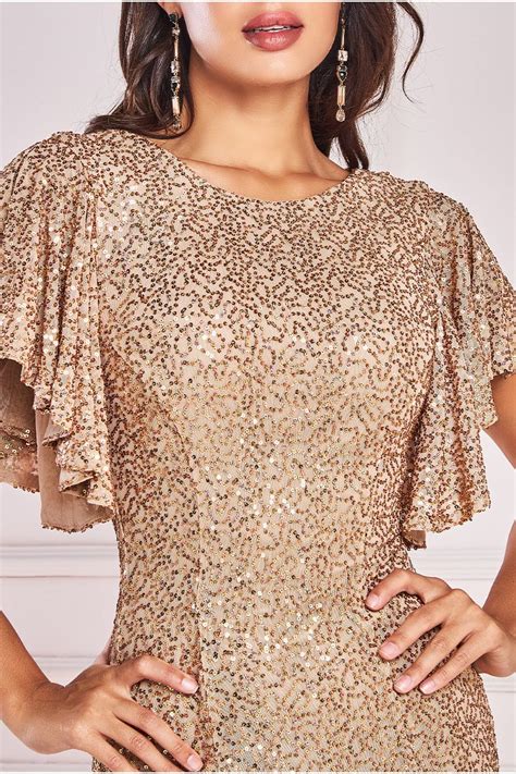 Sequin Flutter Sleeve Maxi Gold