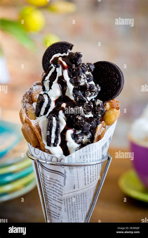 A Bubble Waffle With Frozen Yoghurt Oreo Cookies Oreo Popcorn And