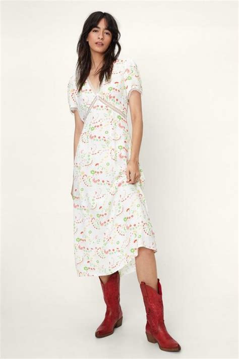 Floral Print Lace Trim Tea Dress Boohoo Uk