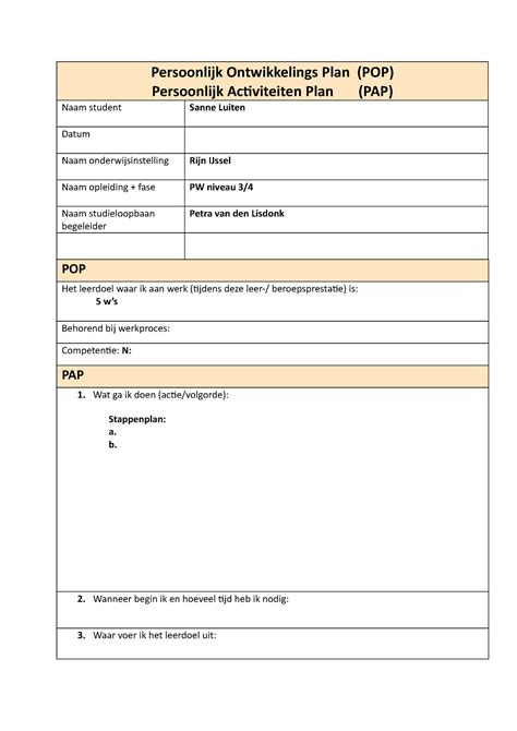 Format Persoonlijk Ontwikkelings Plan En Plan Van Aan Pak POP En PAP