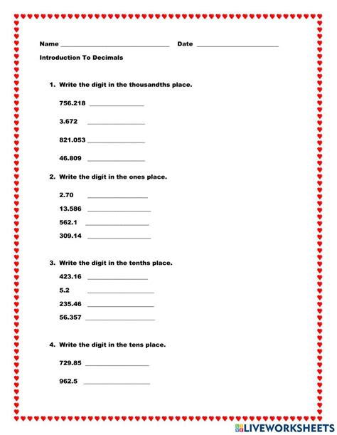 Fractions And Decimals Decimals Introduction Worksheet Live