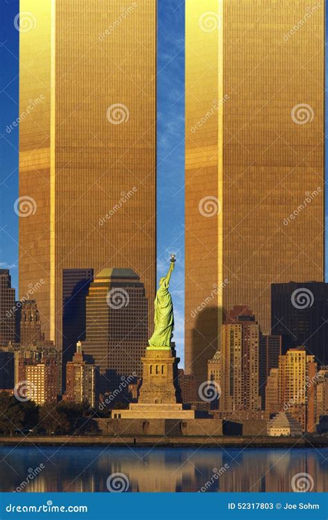 Enlarged World Trade Center Behind Statue Of Liberty Editorial Stock