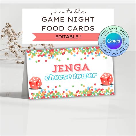 Editable Game Night Food Cards, Board Game Party Food Labels, Game