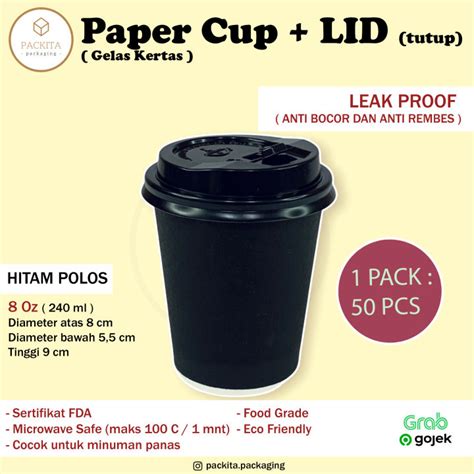 Paper Hot Cup Gelas Kertas Tahan Panas Black 8 Oz 240ml LID TUTUP Papercup Paper Cup 50 Pcs