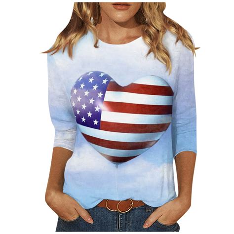 Julmcomo 4th Of July American Flag 34 Sleeve T Shirt For Women Independence Day Summer Usa Flag