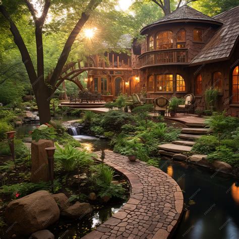 Premium Photo | A house with a waterfall in the background and a