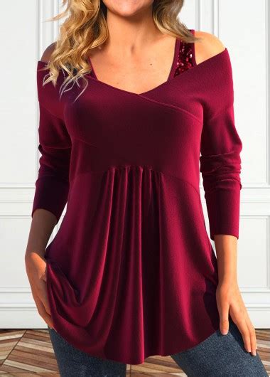 Wine Red Sequin Long Sleeve V Neck T Shirt Modlily Usd