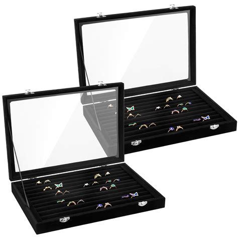 Kigeli 2 Pack Jewelry Tray with Clear Lid 10 Slots Velvet Drawer Rings ...