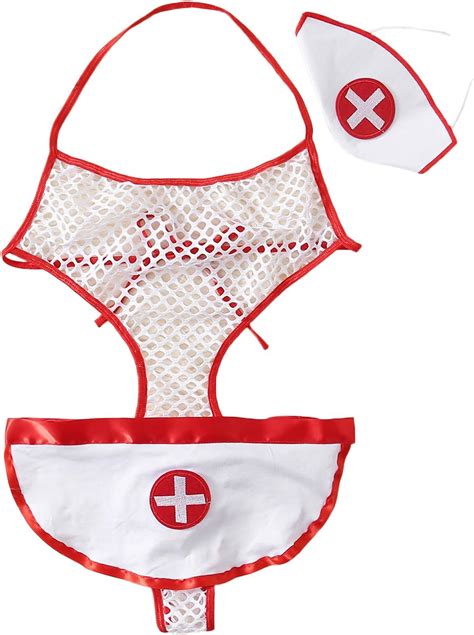 Amazon WDIRARA Women S 3 Pieces Fishnet Nurse Lingerie Costume