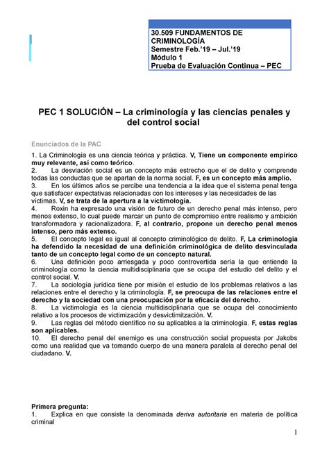 PEC 1 solución 30 FUNDAMENTOS DE CRIMINOLOGÍA Semestre Feb 19