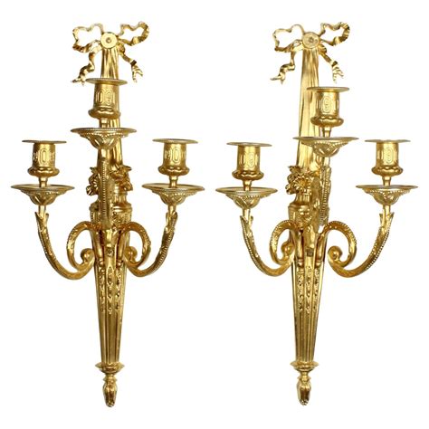 Antique Pair Of Ormolu Gilt Bronze Twin Lights Wall Candle Sconces 19th