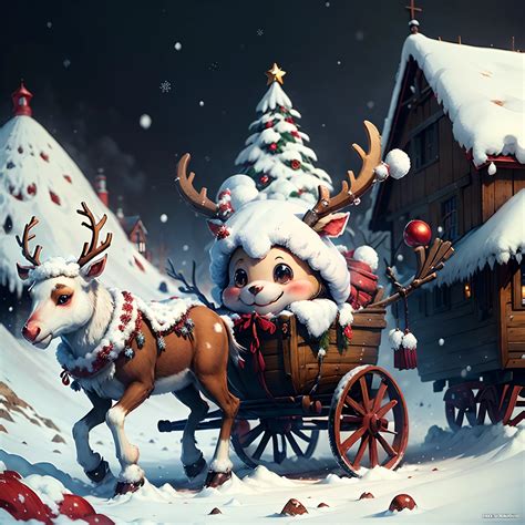 An Adorable Reindeer With Red Nose Scraf Pulls A Carriage Full Of