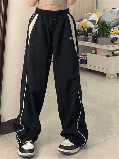 Contrast Piping Black Baggy Sweatpants Black M In 2023 Baggy Sweatpants Swaggy Outfits