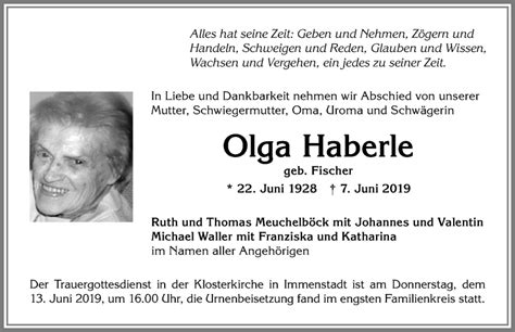 Traueranzeigen von Olga Haberle Allgäuer Zeitung