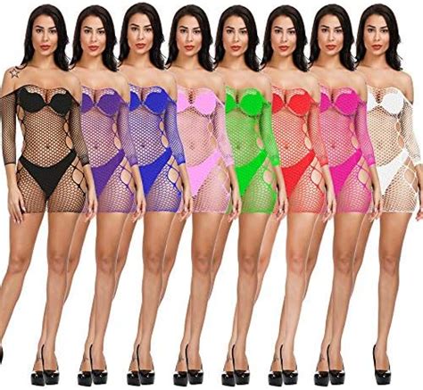 Amazon WOOSIFUN Women Fishnet Lingerie Babydoll Halter Stretch Chemise Bodysuit One Size