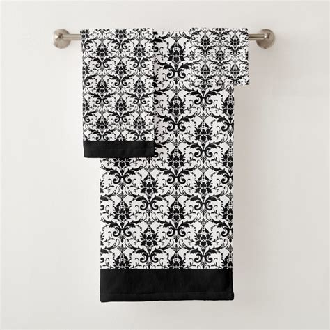 Elegant Classic Black White Damask Floral Pattern Bath Towel Set